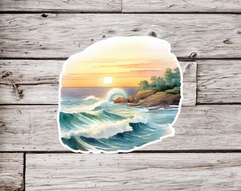 Beach Landscape Sticker, Ocean Sunset Sticker, Beach Sticker, Ocean Sticker, Waterproof Sticker, Costal Sticker, Waves Sticker