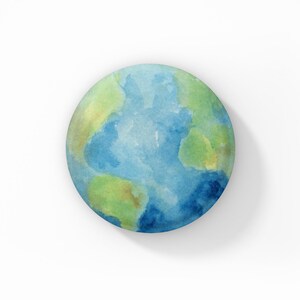 May include: A watercolor painting of the Earth, showing the continents in green and the oceans in blue.