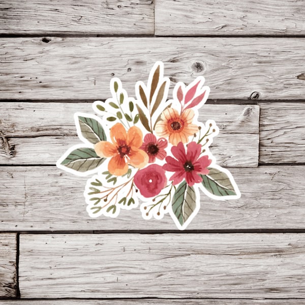 May include: A watercolour illustration of a bouquet of flowers with orange, red, and yellow petals. The flowers are surrounded by green leaves.