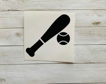 May include: Black baseball bat and ball graphic on a white square. The bat is angled, with a rounded handle and a thicker barrel. The baseball has curved lines to indicate the seams. The background is a light wood grain.