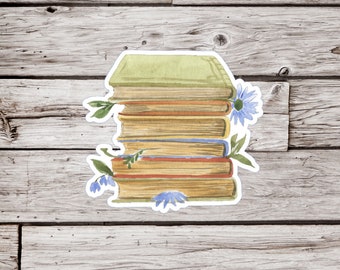 Stack of Books Sticker, Book Sticker, Reading Sticker, Floral Books Sticker, Waterproof Sticker, Library Sticker, Flower Sticker