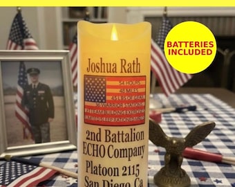 8”x3” in Batteries Included, Ships Fast From Ohio! Personalized USMC Crucible Candle With Name, Flameless Candle.