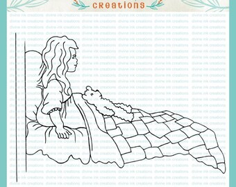 Girl in Bed Hand Drawn Digital Stamp Illustration