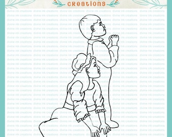 Boy and Girl in Pajamas Kneeling and Standing Digital Hand Drawn Stamp Illustration