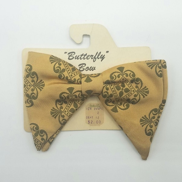 Men's Vintage New Old Stock Clip On BOW TIE, Gold and Green
