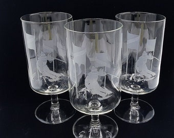 Three Ski Racing Etched Pedestal Glasses by Bergdorf Goodman, 14 oz., Vintage, Rare