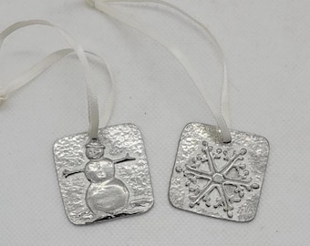 2 Metal Vilmain Vintage Christmas Ornaments, Snowman, Snowflake, 1 3/8"