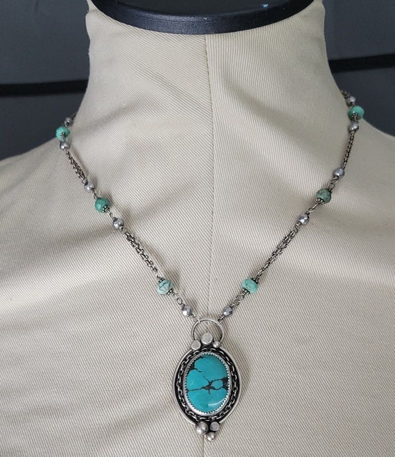 Turquoise & Sterling Silver Pendant Necklace on S… - image 1