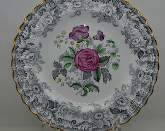 Set of 6 SPODE "Dove" Floral and Gray China Dinner Plates, England, EXCELLENT
