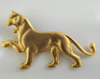 Large Cougar Cat Brooch Pin, Brushed Gold Tone, Vintage