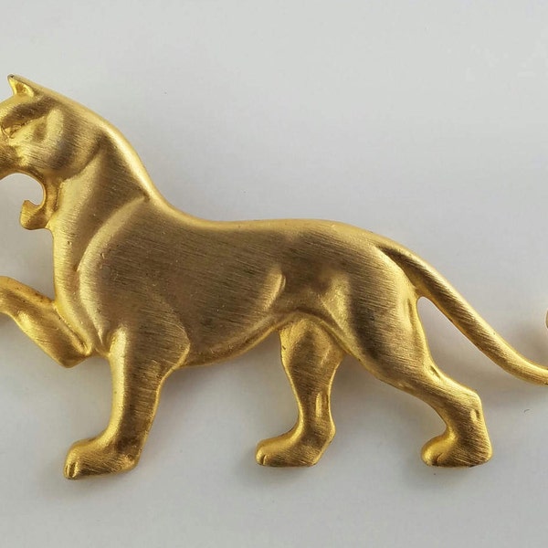 Large Cougar Cat Brooch Pin, Brushed Gold Tone, Vintage