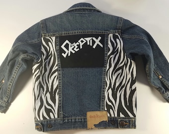 Unisex Kid's Punked Out Rock and Roll, OshKosh Blue Denim Jacket, Studs, Zebra Print, Patch, Hand Embellished, Size 5-6