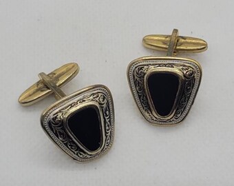 Ornate Vintage Gold Tone Black Onyx Cuff Links