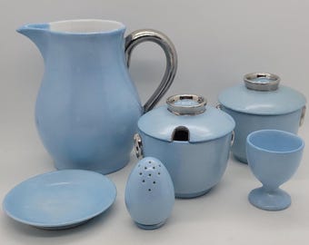 Delvaux Porcelain Mid Century Pastel Blue 8 Piece Serving Set, France