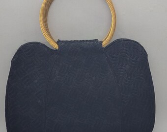 Vintage MM Malana Black Damask Fabric Handbag with Gold Tone Metal Ring Handles, 1950's