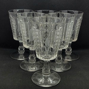 Set of 6 EAPG Goblets with Raised and Etched Designs, Vintage