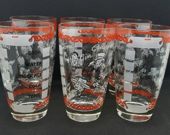 Set of Six Mid Century Highball Glasses, Write Your Name, Check Off Your Drink, Excellent