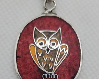 Oval Owl Pendant Necklace on Silver Twist Chain, Silver and Enamel Inlay, Orange & Red