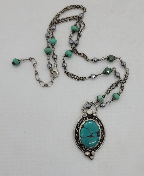 Turquoise & Sterling Silver Pendant Necklace on S… - image 3