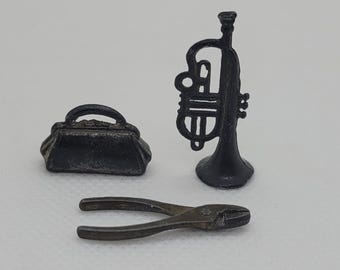Set of 3 Antique CRACK JACK Metal Toys, Handbag, Trumpet Horn, Pliers, 1920's-1930's