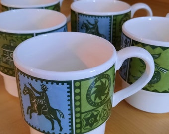 Five Holt-Howard 1964 Mugs, Green and Blue, Stackable, Mid Century, Japan