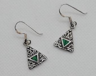 Vintage Handmade Sterling Silver and Malachite Earrings, Triangle Design