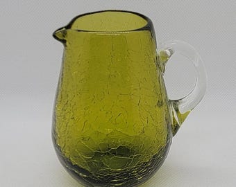 Hand-Blown Pilgrim Glass Lemon-Lime Crackle Window Glass Pitcher Creamer, 1960's