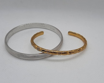 Set of Two MONET Vintage Bracelets, Silver Tone Bangle, Gold Tone Cuff