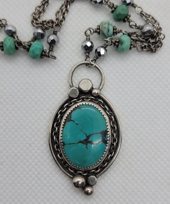 Turquoise & Sterling Silver Pendant Necklace on S… - image 2