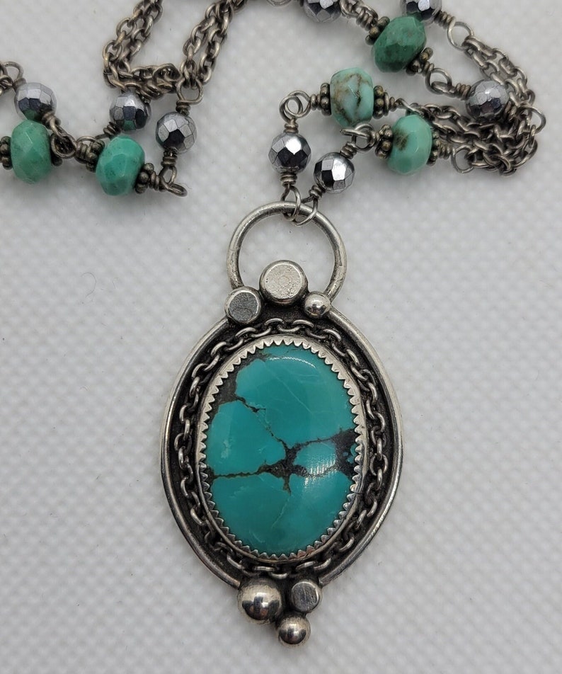 Turquoise & Sterling Silver Pendant Necklace on Sterling Silver Beaded ...