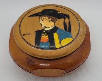 Round Carved Wooden Box, Hand Painted Portrait, Signed Bren, Vintage