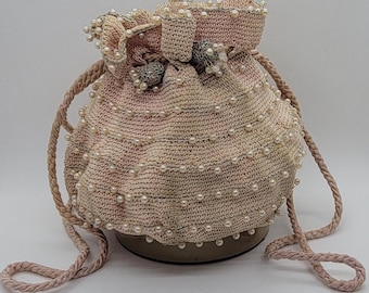 Vintage Crocheted Drawstring Sack Handbag with Celluloid (?) Bottom and Faux Pearls, 1950's