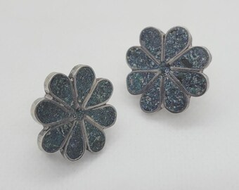 Mexican Silver Flower Shaped Earrings with Turquoise Inlay