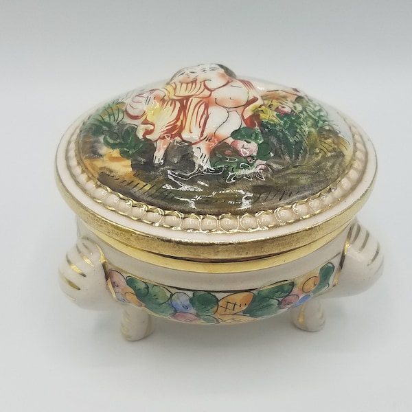 Capodimonte Italian Hand Painted Small Covered Footed Box, Vintage, Marked, Italy