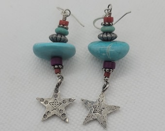 Stacked Turquoise Dangle Earrings with Star, Vintage