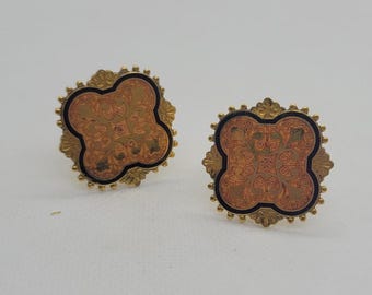 Vintage Enamel Gold Plated Cuff Links, Square Shape, Orange & Blue Enamel