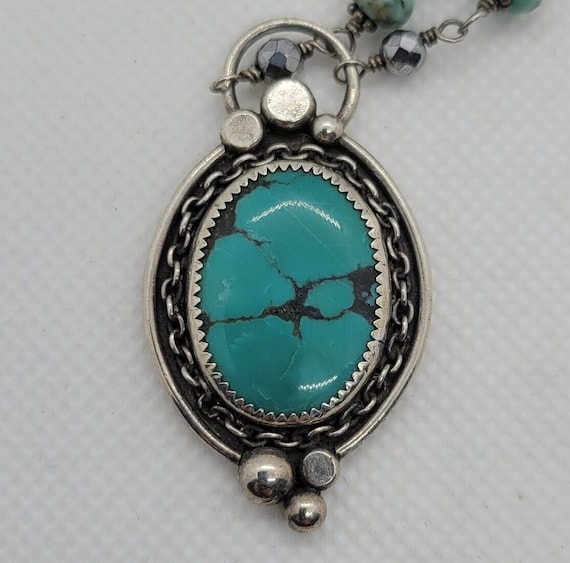 Turquoise & Sterling Silver Pendant Necklace on S… - image 5