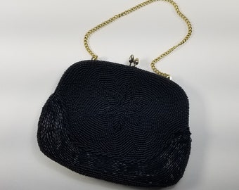 1950's Heavily Beaded Handbag Clutch, Black, Small, Japan