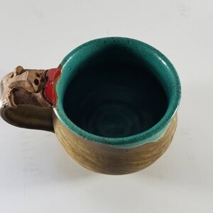 Art Pottery Mug Cup with Face on Rim, Brown and Turquoise, Vintage