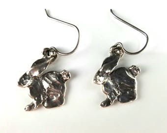 Sculpted Silver Bunny Rabbit Dangle Earrings, Vintage