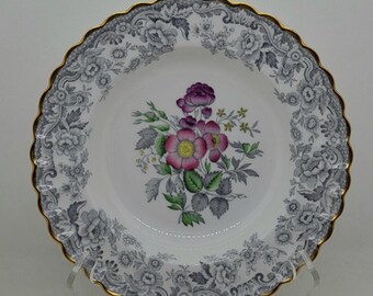Set of 6 SPODE "Dove" Floral and Gray China Rim Soup Bowls, England, EXCELLENT