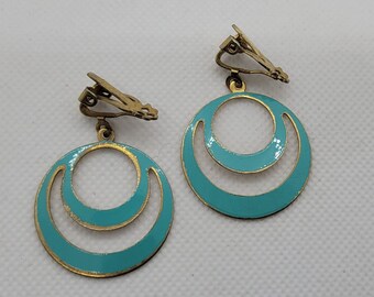 Mod Turquoise Enamel on Gold Tone Drop Earrings, 1950's