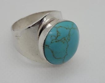Handmade Statement Sterling Silver and Turquoise Ring, Mexico, Size 9 1/2