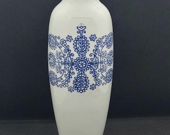 Vintage HOLLOHAZA Blue and White Mid Century Hand Painted Porcelain Vase, Hungary, 10"