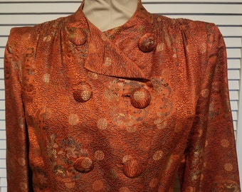 Women's Vintage Asian Full Length, Fitted, Full Skirt Brocade Jacket, Orange