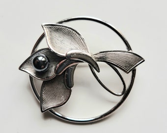 Mid Century Sterling Silver Floral Circle Brooch, Marked