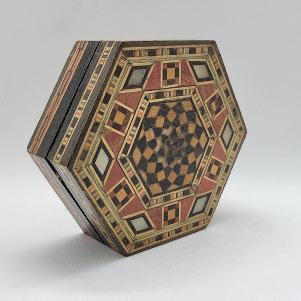 Marquetry Hexagon Jewelry Trinket Box, Vintage