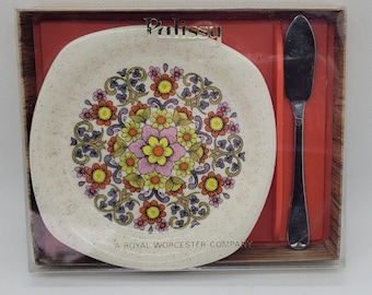 Palissy Royal Worcester Floral Butter Plate with Knife, Vintage, England