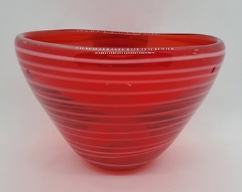 Murano Art Glass RED Bowl with White Filigrana Design, Vintage