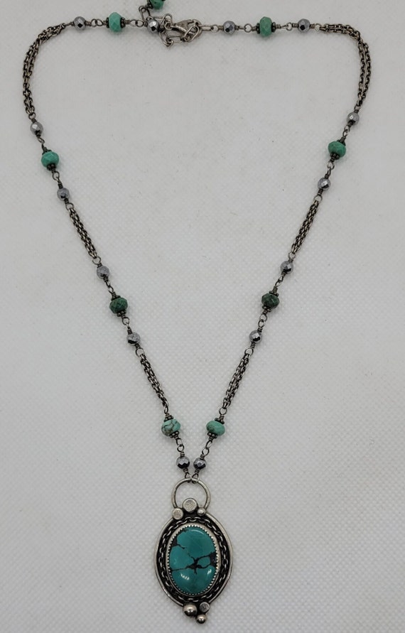 Turquoise & Sterling Silver Pendant Necklace on S… - image 4